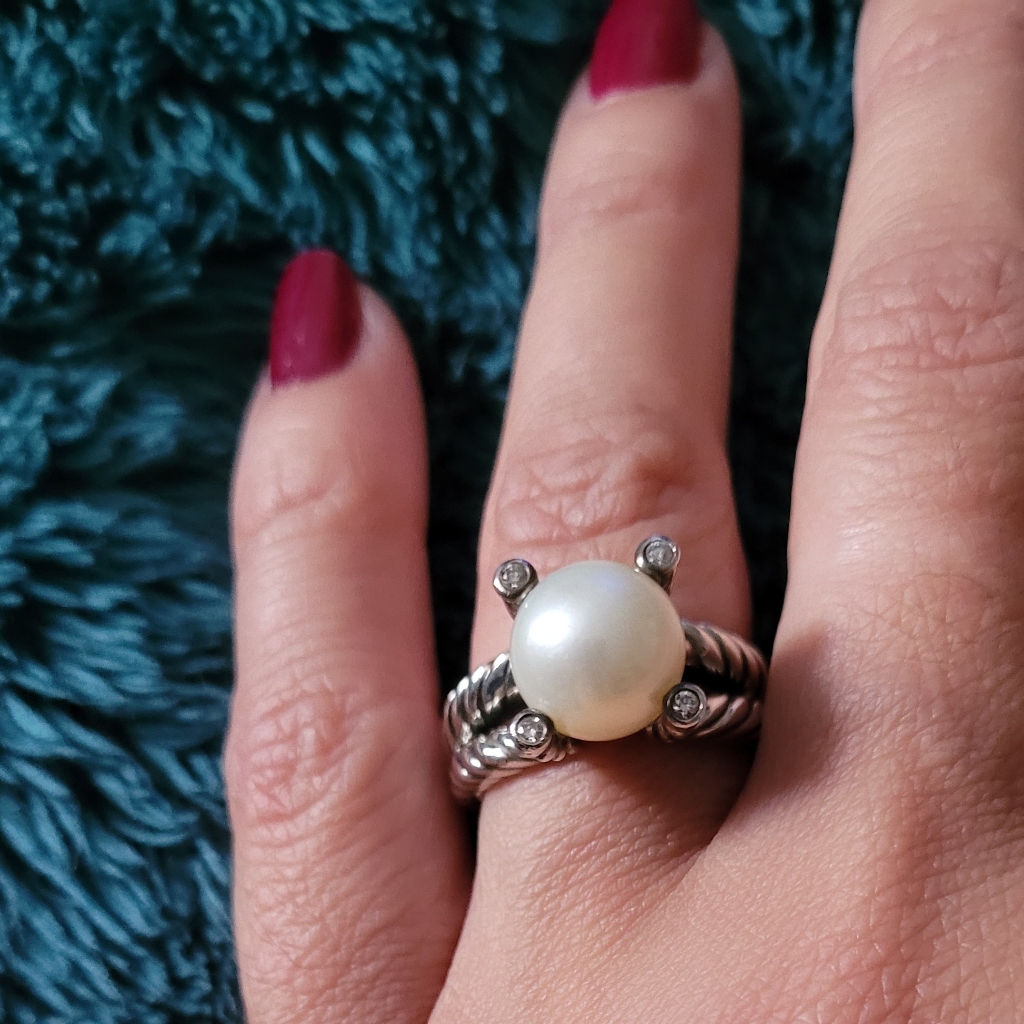 David Yurman Sterling Silver Pearl Ring With Diamonds